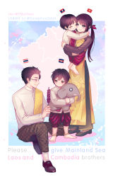 Rule 34 | 1girl, 3boys, absurdres, arm support, arms around neck, axis powers hetalia, cambodia (hetalia), child, closed mouth, english text, flag, food, full body, highres, holding, holding food, hug, laos (hetalia), long hair, looking at another, multiple boys, open mouth, ponytail, profile, short hair, simple background, sitting on arm, skewer, smile, stuffed elephant, thailand (hetalia), tmaihws, vietnam (hetalia), vietnamese dress