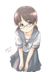 Rule 34 | 1girl, artist name, bespectacled, blue sailor collar, blue skirt, brown eyes, brown hair, cowboy shot, dated, fyuo, glasses, highres, kantai collection, low twintails, one-hour drawing challenge, parted bangs, pleated skirt, sailor collar, school uniform, serafuku, shirayuki (kancolle), short hair, short twintails, simple background, skirt, solo, twintails, white background