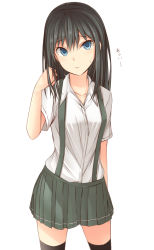 Rule 34 | 10s, 1girl, aged up, asashio (kancolle), black hair, black thighhighs, blue eyes, grey skirt, hot, kanpyo (hghgkenfany), kantai collection, long hair, pleated skirt, shirt, short sleeves, simple background, skirt, solo, suspenders, thighhighs, translated, white background, white shirt