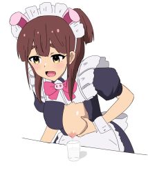 Rule 34 | 1girl, akiba maid sensou, animal ears, arcsin, blush, bow, bowtie, breasts, brown eyes, brown hair, fake animal ears, highres, lactating into container, lactation, large breasts, maid, maid headdress, one breast out, open mouth, pig ears, pink bow, pink bowtie, short hair, smile, solo, wahira nagomi