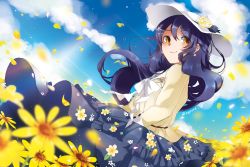 Rule 34 | 1girl, blue hair, blue sky, blush, cloud, commentary request, day, dress, earrings, floral print, flower, hair between eyes, hair ornament, hairclip, hat, jewelry, kyousa38, long hair, looking at viewer, love live!, love live! school idol festival, love live! school idol project, outdoors, sky, smile, solo, sonoda umi, standing, yellow eyes