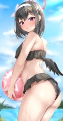 Rule 34 | 1girl, :o, absurdres, ass, back, ball, bare shoulders, bikini, bikini skirt, black bikini, black hair, black wings, blue archive, blush, day, hairband, halo, highres, holding, holding ball, lomocya, looking at viewer, mashiro (blue archive), mashiro (swimsuit) (blue archive), ocean, open mouth, outdoors, purple eyes, short hair, shoulder blades, sky, solo, standing, swimsuit, wings