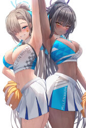 Rule 34 | 2girls, arm up, armpits, asuna (blue archive), asymmetrical bangs, bare arms, bare shoulders, black hair, blue archive, blue eyes, blush, breasts, cheering, cheerleader, closed mouth, commentary, criss-cross halter, crop top, dark-skinned female, dark skin, detached collar, halo, halterneck, highres, holding, holding pom poms, karin (blue archive), large breasts, light brown hair, long bangs, looking at viewer, midriff, millennium cheerleader outfit (blue archive), miniskirt, mole, mole on breast, multiple girls, navel, parted lips, pleated skirt, pom pom (cheerleading), pom poms, ponytail, presenting armpit, silver bullet (ecc12 8), simple background, sketch, skirt, smile, sports bra, star sticker, sticker on face, stomach, sweat, symbol-only commentary, two-tone skirt, two-tone sports bra, white background, white skirt, yellow eyes