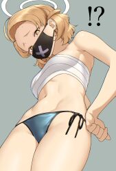 Rule 34 | !?, 1girl, bare arms, bare shoulders, bikini, blonde hair, blue archive, breasts, chest sarashi, commentary request, forehead, from below, groin, halo, hand on own hip, hatakenaka (kamagabuchi), highres, looking at viewer, mask, medium breasts, mole, mole on forehead, mouth mask, navel, parted bangs, sarashi, short hair, side-tie bikini bottom, simple background, solo, string bikini, sukeban (mg) (blue archive), swimsuit, wavy hair, yellow eyes