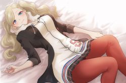 Rule 34 | 1girl, blonde hair, blue eyes, breasts, hair ornament, hairclip, highres, hood, hoodie, jersey, kurosususu, large breasts, layered clothes, looking at viewer, lying, on bed, pantyhose, persona, persona 5, pleated skirt, red pantyhose, skirt, sleeves rolled up, solo, takamaki anne, twintails, zipper