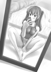 Rule 34 | 1girl, barefoot, bed, breasts, butterfly sitting, cellphone, competition swimsuit, covered erect nipples, feet, feet together, greyscale, highres, large breasts, long hair, mirror, monochrome, one-piece swimsuit, original, panties, unworn panties, phone, reflection, selfie, sitting, solo, swimsuit, tk4, twintails, underwear