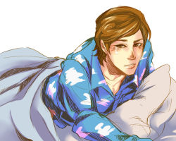 Rule 34 | 1boy, andy, bed, brown hair, disney, male focus, pajamas, pillow, sheriff woody, sleepy, solo, tears, toy story, white background