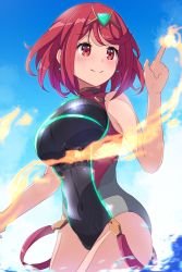 Rule 34 | 1girl, black one-piece swimsuit, breasts, chest jewel, competition swimsuit, covered collarbone, covered navel, fukkatsu saisei kaijin, gem, headpiece, highres, large breasts, one-piece swimsuit, pyra (pro swimmer) (xenoblade), pyra (xenoblade), red eyes, red hair, red one-piece swimsuit, ribbed swimsuit, short hair, solo, strapless, strapless one-piece swimsuit, striped clothes, striped one-piece swimsuit, swept bangs, swimsuit, tiara, two-tone swimsuit, vertical-striped clothes, vertical-striped one-piece swimsuit, xenoblade chronicles (series), xenoblade chronicles 2