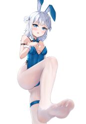 Rule 34 | 1girl, absurdres, animal ears, blue eyes, blush, fake animal ears, feet, gawr gura, highres, hololive, leotard, long hair, looking at viewer, multicolored hair, pantyhose, parted lips, rabbit ears, short twintails, silver hair, soles, streaked hair, toes, twintails, virtual youtuber, white background, white pantyhose