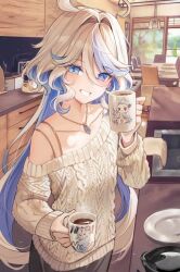 Rule 34 | 1girl, ahoge, alternate costume, bare shoulders, blue eyes, blue hair, character print, collarbone, colored inner hair, cup, dasha, drop-shaped pupils, furina (genshin impact), furrowed brow, genshin impact, hair between eyes, hair intakes, hands up, hashtag-only commentary, heterochromia, highres, holding, holding cup, indoors, jewelry, long hair, long sleeves, looking at viewer, mismatched pupils, multicolored hair, necklace, neuvillette (genshin impact), off-shoulder sweater, off shoulder, smile, streaked hair, sweater, swept bangs, symbol-shaped pupils, white hair, white sweater