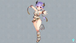 Rule 34 | 1girl, belt, blue hair, breasts, cow girl, cow horns, cow tail, dmm, horns, looking at viewer, medium breasts, monster girl, open mouth, red eyes, sandals, shangri-la drive, short hair, tail