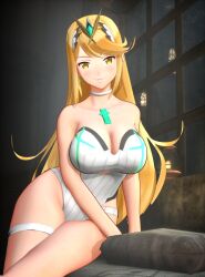 Rule 34 | 1girl, 3d, bare shoulders, blobcg, blonde hair, blunt bangs, blush, breasts, chest jewel, choker, cleavage, closed mouth, earrings, gem, headpiece, highres, jewelry, large breasts, long hair, looking at viewer, mythra (radiant beach) (xenoblade), mythra (xenoblade), official alternate costume, one-piece swimsuit, ribbed swimsuit, smile, solo, strapless, strapless one-piece swimsuit, striped clothes, striped one-piece swimsuit, swept bangs, swimsuit, thigh strap, tiara, two-tone swimsuit, vertical-striped clothes, vertical-striped one-piece swimsuit, very long hair, white choker, white one-piece swimsuit, xenoblade chronicles (series), xenoblade chronicles 2, yellow eyes