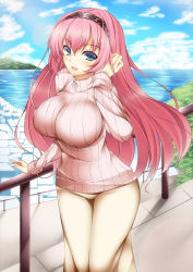 Rule 34 | 1girl, adjusting hair, blue eyes, breasts, cloud, day, huge breasts, impossible clothes, large breasts, lens flare, long hair, long skirt, megurine luka, pink hair, railing, ribbed sweater, skirt, sky, solo, sweater, town, vocaloid, watanuki kaname, water