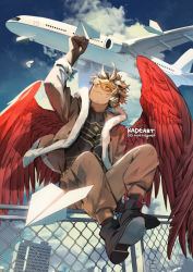 Rule 34 | 1boy, aircraft, airplane, arm up, black bodysuit, black gloves, blonde hair, blue sky, bodysuit, boku no hero academia, boots, brown jacket, brown pants, building, chain-link fence, closed mouth, commentary, english commentary, facial hair, feathered wings, feathers, fence, full body, fur trim, gloves, goggles, hawks (boku no hero academia), headphones, holding paper airplane, jacket, kadeart, long sleeves, looking at viewer, looking up, male focus, open clothes, open jacket, pants, paper airplane, red feathers, red wings, short hair, sitting on fence, sky, smile, solo, superhero costume, wings, yellow eyes