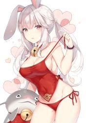 Rule 34 | 1girl, animal ears, ayuanlv, bare arms, bare shoulders, bead bracelet, beads, bell, blouse, bracelet, breasts, chinese clothes, choker, cleavage, covered erect nipples, covered navel, cowboy shot, creature, dated, dudou, final fantasy, final fantasy xiv, groin, hand up, heart, highres, jewelry, jingle bell, large breasts, long hair, looking at viewer, mole, mole under eye, namazu (final fantasy), no pants, panties, parted lips, pink eyes, rabbit ears, red choker, red panties, red shirt, revealing clothes, shirt, side-tie panties, signature, silver hair, sleeveless, sleeveless shirt, solo, standing, stomach, strap pull, taut clothes, taut shirt, thighs, twintails, underwear, viera, warrior of light (ff14), white background