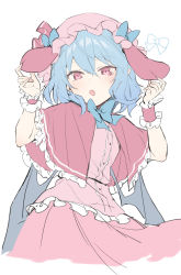 Rule 34 | 1girl, :o, animal ears, bat wings, blue hair, capelet, cosplay, fake animal ears, fang, hair between eyes, hand on own ear, hat, hat ribbon, hat with ears, low wings, mob cap, my melody, my melody (cosplay), official alternate costume, onegai my melody, open mouth, pink capelet, pink eyes, pointy ears, rabbit ears, remilia scarlet, ribbon, sanrio, short hair, simple background, solo, touching ears, touhou, white background, wings, wrist cuffs, yuki (popopo)