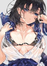 Rule 34 | 1girl, absurdres, black bra, black hair, blue eyes, blue sailor collar, blue skirt, blush, bra, breasts, cleavage, commentary request, highres, kou mashiro, large breasts, long hair, looking at viewer, mole, mole on breast, open clothes, open mouth, original, pleated skirt, sailor collar, school uniform, see-through, serafuku, shirt, short hair, short sleeves, simple background, skirt, solo, underwear, wet, wet clothes, wet shirt, white background