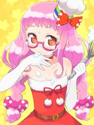 Rule 34 | 1girl, bad id, bad pixiv id, bare shoulders, belt, blush, bow, braid, brown belt, brown eyes, chef hat, commentary request, cowboy shot, cream, cream on face, dress, elbow gloves, finger in own mouth, food, food on face, fur-trimmed dress, fur trim, glasses, gloves, hair bow, hands up, hat, highres, holding, holding whisk, ikzw, kiki ajimi, licking, licking finger, long hair, looking at viewer, pink-framed eyewear, pink bow, pink hair, polka dot, polka dot bow, pretty series, pripara, red bow, red dress, red ribbon, ribbon, santa dress, solo, strapless, strapless dress, twin braids, whisk, white gloves, white hat, yellow background