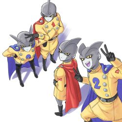 Rule 34 | 2boys, 2girls, bent over, black gloves, blue cape, boots, breasts, cape, commentary, crossed arms, double v, dragon ball, dragon ball super, dragon ball super super hero, dual persona, english commentary, gamma 1, gamma 2, genderswap, genderswap (mtf), gloves, hands on own hips, highres, jenxd d, knee boots, medium breasts, miniskirt, multiple boys, multiple girls, red cape, skirt, small breasts, thigh boots, v, yellow skirt
