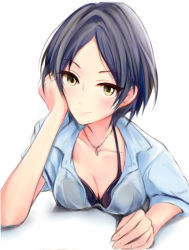 Rule 34 | 1girl, arm support, bare arms, black bra, blue hair, blue shirt, blush, bra, bra visible through clothes, breasts, cleavage, collarbone, hayami kanade, idolmaster, idolmaster cinderella girls, jewelry, looking at viewer, medium breasts, nannacy7, necklace, parted bangs, school uniform, see-through, shirt, short hair, short sleeves, simple background, smile, solo, underwear, upper body, white background, yellow eyes