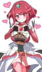 Rule 34 | alternate costume, breasts, chest jewel, fingerless gloves, gem, gloves, headpiece, highres, kotohatoko510, large breasts, pyra (xenoblade), red eyes, red hair, short hair, simple background, swept bangs, tiara, white background, xenoblade chronicles (series), xenoblade chronicles 2