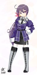 Rule 34 | &gt;:(, 1girl, ahoge, akebono (kancolle), arm at side, bell, belt, belt buckle, black necktie, black skirt, blush, boots, buckle, closed mouth, commentary request, contrapposto, cosplay, cross-laced footwear, dated, flower, frown, full body, gradient footwear, hair bell, hair flower, hair ornament, jingle bell, juliet sleeves, kantai collection, knee boots, lace-up boots, legs apart, long hair, long sleeves, looking at viewer, nachi (kancolle), nachi (kancolle) (cosplay), necktie, pantyhose, pencil skirt, puffy sleeves, purple eyes, purple hair, side ponytail, signature, skirt, solo, standing, striped clothes, striped footwear, tun, v-shaped eyebrows, vertical stripes, very long hair, white pantyhose