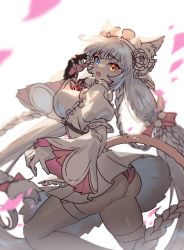 Rule 34 | 1girl, animal ears, ass, blue eyes, blush, braid, breasts, cat ears, cat girl, cat tail, claws, dress, fang, gloves, heterochromia, last origin, long hair, looking at viewer, luvents3, maid headdress, multiple braids, open mouth, panties, perrault (last origin), pleated dress, shade, simple background, solo, tail, thighhighs, twin braids, twintails, underwear, very long hair, white background, white dress, white gloves, white thighhighs, yellow eyes