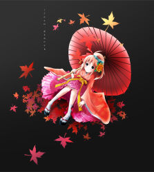 Rule 34 | 1girl, autumn, autumn leaves, flower, japanese clothes, kimono, leaf, maple leaf, oil-paper umbrella, short kimono, solo, tabi, umbrella, yukata
