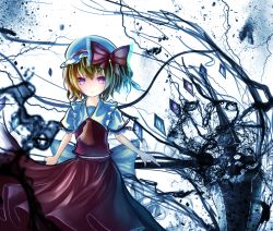 Rule 34 | 1girl, ascot, bad id, bad pixiv id, blonde hair, bow, dress, flandre scarlet, hat, hat bow, laevatein, looking at viewer, mob cap, pink eyes, puffy short sleeves, puffy sleeves, red dress, rinne (kouheiramia), sash, scythe, shirt, short sleeves, solo, touhou
