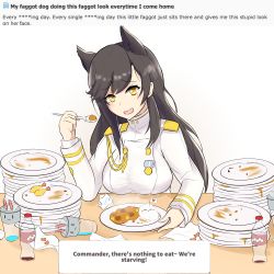 Rule 34 | 1girl, animal ears, atago (azur lane), azur lane, black hair, blush, buttons, censored, censored text, commentary, cup, curry, curry rice, double-breasted, drinking glass, drinking straw, eating, empty, english commentary, english text, food, hadoukirby, long hair, long sleeves, looking at viewer, medal, meme, military, military uniform, mole, mole under eye, open mouth, plate, profanity, rice, shrimp, shrimp tempura, simple background, smile, soda bottle, solo, spoon, tempura, uniform, white background, wolf ears, yellow eyes
