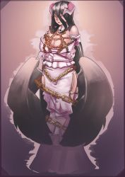 Rule 34 | 1girl, albedo (overlord), alternate breast size, bdsm, black feathers, black hair, black wings, bondage, bound, breasts, chain, chained, cleavage, crossed arms, demon girl, demon horns, detached sleeves, dress, feathers, full body, gloves, gorget, highres, hip vent, horns, huge breasts, long dress, long hair, low wings, off-shoulder dress, off shoulder, overlord (maruyama), solo, tumtumisu, very long hair, white gloves, wings, yellow eyes