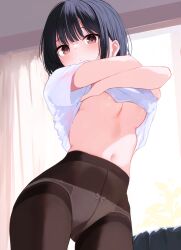 1girl absurdres black_hair black_pantyhose bow bow_panties breasts brown_eyes highres indoors medium_breasts memekko navel no_bra one_breast_out original panties pantyhose short_hair solo standing underwear white_panties