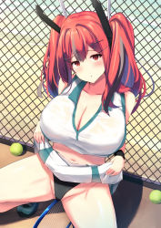 Rule 34 | 1girl, absurdres, ass, azur lane, ball, black panties, breasts, bremerton (azur lane), bremerton (scorching-hot training) (azur lane), cameltoe, chain-link fence, cleavage, clothes lift, cloud, collarbone, collared shirt, commentary request, crop top, crop top overhang, day, fence, grinding, hair between eyes, hair ornament, headgear, heart, heart necklace, highres, holding, holding ball, holding racket, jewelry, large breasts, lifted by self, liya, long hair, looking at viewer, midriff, multicolored hair, navel, necklace, panties, parted lips, racket, red hair, shirt, skirt, skirt lift, sky, sleeveless, sleeveless shirt, solo, sportswear, spread legs, squatting, streaked hair, sweat, tennis ball, tennis racket, tennis uniform, thighs, twintails, two-tone shirt, two-tone skirt, underwear, wet, wet clothes, white skirt, wristband, x hair ornament