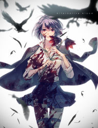 Rule 34 | 1girl, absurdres, alice (sinoalice), bad id, bad twitter id, bird, black thighhighs, blood, blood on clothes, blood on face, blood splatter, blue hair, character name, collared shirt, crow, english text, feathers, flower, highres, holding, holding flower, jacket, looking at viewer, npyon3, open clothes, open jacket, red eyes, school uniform, shirt, simple background, sinoalice, thighhighs, torn clothes, torn legwear, zettai ryouiki