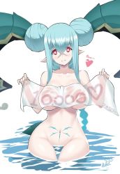 Rule 34 | 1girl, alternate hairstyle, artist name, blue hair, blush, braid, butter-t, collarbone, commentary request, covering privates, covering breasts, curled horns, double bun, fate/grand order, fate (series), heart, horns, long braid, long hair, long horns, looking at viewer, milestone celebration, navel, nude, partially submerged, pink eyes, pointy ears, pubic tattoo, short eyebrows, signature, single braid, solo, stomach tattoo, symbol-shaped pupils, tail, tattoo, tiamat (fate), towel, very long hair, water, wet towel, white background, x-shaped pupils