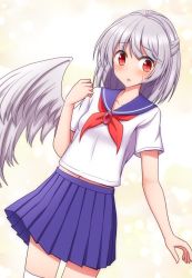 Rule 34 | 1girl, beige background, blue sailor collar, blue skirt, blush, breasts, brooch, collarbone, commentary request, cowboy shot, dutch angle, feathered wings, hand up, highres, jewelry, kishin sagume, looking at viewer, midriff peek, miniskirt, navel, neckerchief, parted lips, pleated skirt, red eyes, red neckerchief, sailor collar, school uniform, serafuku, short sleeves, silver hair, single wing, skirt, small breasts, solo, standing, sweat, teoi (good chaos), thighhighs, thighs, touhou, white thighhighs, white wings, wings, zettai ryouiki