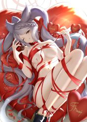 Rule 34 | 1girl, absurdres, aiu eo, braid, breasts, candy, character name, chocolate, chocolate heart, commentary request, erune, food, fraux, full body, granblue fantasy, heart, high heels, highres, long hair, lying, medium breasts, nude, on back, one eye closed, red ribbon, ribbon, silver hair, solo, tongue, tongue out, twintails, valentine