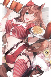 Rule 34 | 1girl, absurdres, alternate costume, animal ears, aqua eyes, bandaid, bandaid on arm, belt, border, breasts, brown belt, chikabe, cleavage, commentary request, cropped shirt, cup, disposable cup, drink, drinking straw, food, french fries, garter straps, hair between eyes, heart o-ring, highres, holding, holding food, holding tray, horse ears, horse girl, horse tail, large breasts, looking at viewer, maruzensky (umamusume), midriff, navel, notepad, one eye closed, open mouth, photo background, puffy short sleeves, puffy sleeves, red hair, red shorts, roller skates, short shorts, short sleeves, shorts, skates, smile, solo, striped clothes, striped thighhighs, tail, thigh strap, thighhighs, tilted headwear, translation request, tray, umamusume, vertical-striped clothes, vertical-striped thighhighs, waitress, white border, white footwear