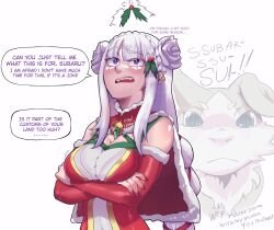 Rule 34 | 1girl, bell, braid, breasts, capelet, character request, christmas, cleavage, commentary, crossed arms, crown braid, detached collar, detached sleeves, double bun, dress, elf, emilia (re:zero), english commentary, english text, fingernails, fur trim, hair bun, hentaly, highres, holding, holding mistletoe, hypnosis, inset, jingle bell, large breasts, light purple hair, long hair, mind control, mistletoe, mistletoe hair ornament, nail polish, neck bell, pointy ears, pov, purple eyes, raised eyebrows, re:zero kara hajimeru isekai seikatsu, red capelet, red dress, red nails, red sleeves, sidelocks, solo focus, teeth, upper teeth only