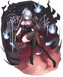 Rule 34 | 1girl, absurdres, ankle strap, back bow, bare shoulders, black dress, black thighhighs, blurry, blurry foreground, bow, breasts, bright pupils, brown eyes, brown thighhighs, cleavage, closed mouth, commentary, criss-cross halter, curvy, disembodied limb, dress, full body, grey hair, hair ornament, halter dress, halterneck, high heels, highres, impossible clothes, impossible dress, knee up, large breasts, legs, long hair, looking at viewer, love live!, magic, narrow waist, necromancer, on chair, original, pumps, ringopan, short dress, sitting, skull hair ornament, sleeveless, sleeveless dress, smile, solo, thighhighs, tilted headwear, underbust, white pupils, will-o&#039;-the-wisp (mythology)
