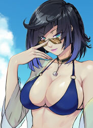 Rule 34 | absurdres, aqua eyes, bare shoulders, bikini, black choker, black hair, blue bikini, blue eyes, blue sky, breasts, choker, cloud, commentary request, day, eleditor, genshin impact, glasses, gradient hair, hand up, highres, large breasts, looking at viewer, multicolored hair, o-ring, o-ring bikini, pink lips, short hair, sky, smile, stomach, swimsuit, yelan (genshin impact)