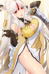 Rule 34 | 1girl, arm behind head, black gloves, breasts, china dress, chinese clothes, cleavage, cleavage cutout, clothing cutout, dress, elbow gloves, fur-trimmed dress, fur trim, genshin impact, gloves, hair ornament, hair stick, highres, large breasts, long hair, looking at viewer, ningguang (genshin impact), noise paper, pink lips, red eyes, side slit, silver hair, smoking pipe, solo, tassel, very long hair, white dress