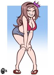 Rule 34 | 1girl, breasts, brown eyes, brown hair, cleavage, digimon, digimon adventure tri., female focus, flower, highres, large breasts, long hair, naughty face, scruffyturtles, shorts, smile, solo, tachikawa mimi, wide hips