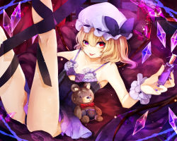 Rule 34 | 1girl, bad id, bad pixiv id, bare arms, bare shoulders, blonde hair, bottle, bow, bug, butterfly, collarbone, daimaou ruaeru, flandre scarlet, hat, hat bow, heterochromia, highres, bug, kneepits, leg ribbon, legs up, looking at viewer, lying, mob cap, nail polish, nightgown, on back, pillow, purple nails, ribbon, smile, solo, stuffed animal, stuffed toy, teddy bear, thighs, tongue, tongue out, touhou, wings, wrist cuffs