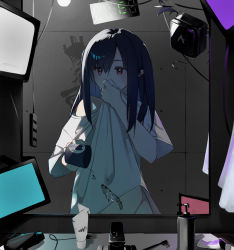 Rule 34 | 1girl, arknights, black hair, bottle, clock, closure (arknights), clothes lift, cup, digital clock, hair between eyes, hair dryer, hand to own mouth, highres, holding, holding cup, karasuri, long hair, mirror, monitor, power strip, red eyes, reflection, shirt, shirt lift, sink, soap bottle, solo, toothbrush, tube, two side up, water, white shirt, wiping mouth