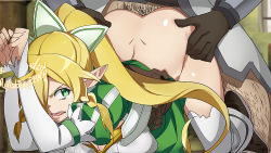 Rule 34 | 1boy, 1girl, all fours, angry, ass, blonde hair, bound, bound arms, braid, breasts, commentary request, doggystyle, green eyes, hetero, large breasts, leafa, long hair, looking back, pointy ears, ponytail, rape, sex, sex from behind, shiny skin, solo focus, sword art online, tearing up, thighhighs, toranpo rintarou, twin braids, very long hair, white thighhighs