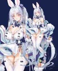 Rule 34 | 1girl, animal ears, aqua eyes, bare shoulders, blue background, blue bow, blue bowtie, blush, bow, bowtie, breasts, carrot, dress, full body, grey hair, hair ornament, highres, large breasts, long hair, long sleeves, looking at viewer, multiple views, obiwan, original, panties, parted bangs, parted lips, rabbit ears, signature, simple background, sleeves past fingers, sleeves past wrists, thighhighs, thighs, twintails, underwear, weisuoxin, white dress, white panties, white thighhighs