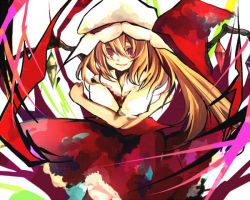 Rule 34 | 1girl, bad id, bad pixiv id, blonde hair, blouse, collared shirt, female focus, flandre scarlet, hair between eyes, hat, mob cap, pochi-t, red eyes, shirt, solo, standing, touhou, white hat, white shirt