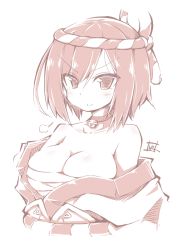 Rule 34 | &gt;:), 1girl, bare shoulders, bell, blush, breasts, choker, cleavage, closed mouth, collarbone, hair between eyes, japanese clothes, jingle bell, kimono, large breasts, looking at viewer, monochrome, neck bell, nijisanji, off shoulder, reku, sarashi, sepia, shizuka rin, simple background, smile, solo, sweat, upper body, v-shaped eyebrows, virtual youtuber, white background