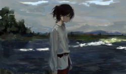Rule 34 | 1boy, 7ife, absurdres, belt, black eyes, black hair, closed mouth, cloud, cloudy sky, collared shirt, expressionless, highres, leather belt, looking down, male focus, original, outdoors, pond, shirt, short hair, sky, solo, standing, tree, water, white shirt
